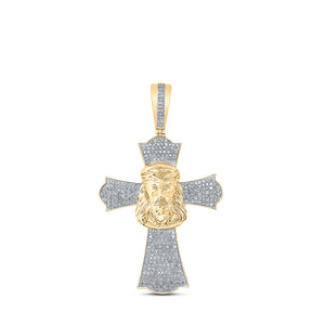 10kt Yellow Gold Mens Round Diamond Jesus Cross Charm Pendant 1 Cttw