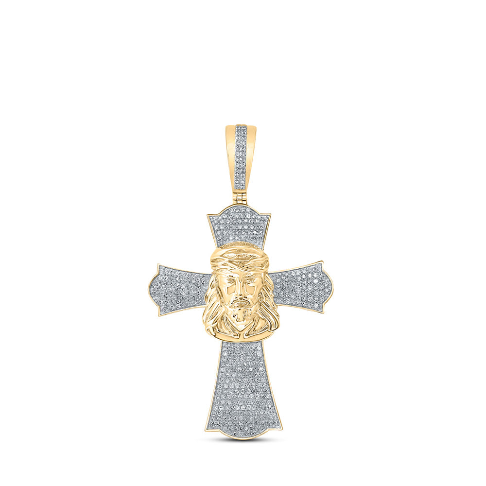 10kt Yellow Gold Mens Round Diamond Jesus Cross Charm Pendant 1 Cttw