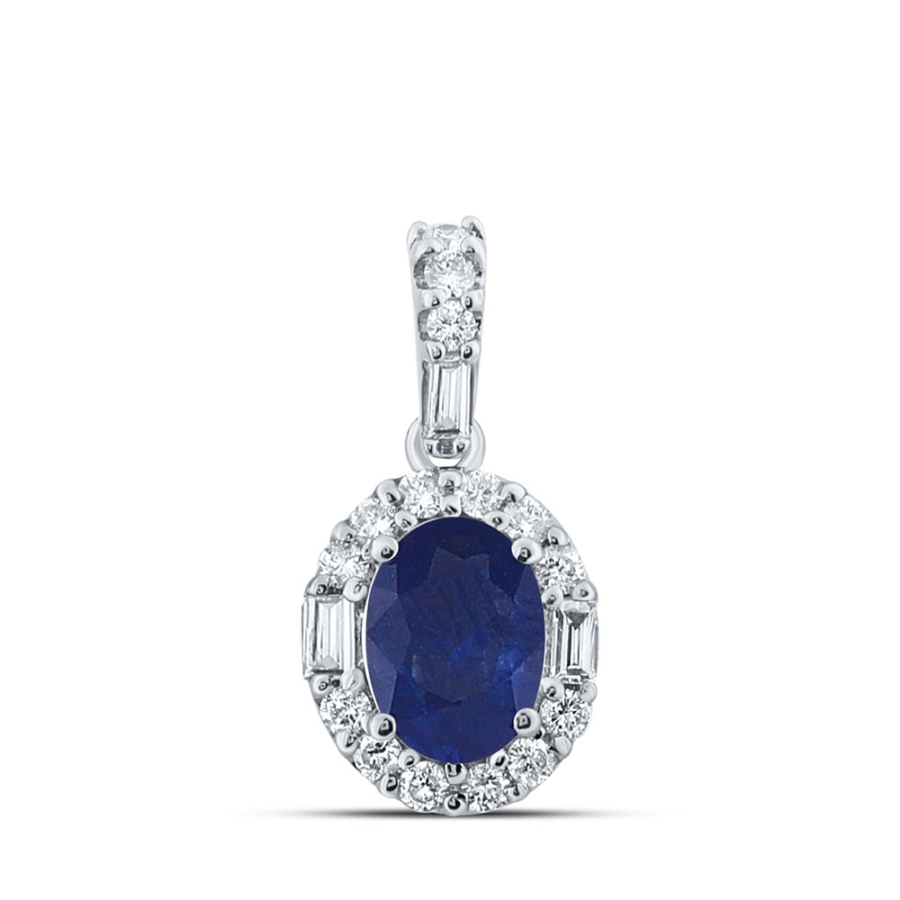 14kt White Gold Womens Diamond Oval Blue Sapphire Diamond Oval Pendant 1 Cttw