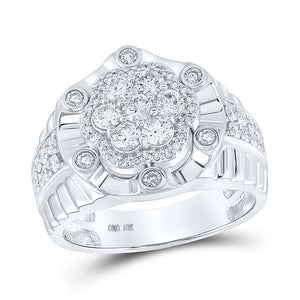 10kt White Gold Mens Round Diamond Flower Cluster Ring 1-1/2 Cttw