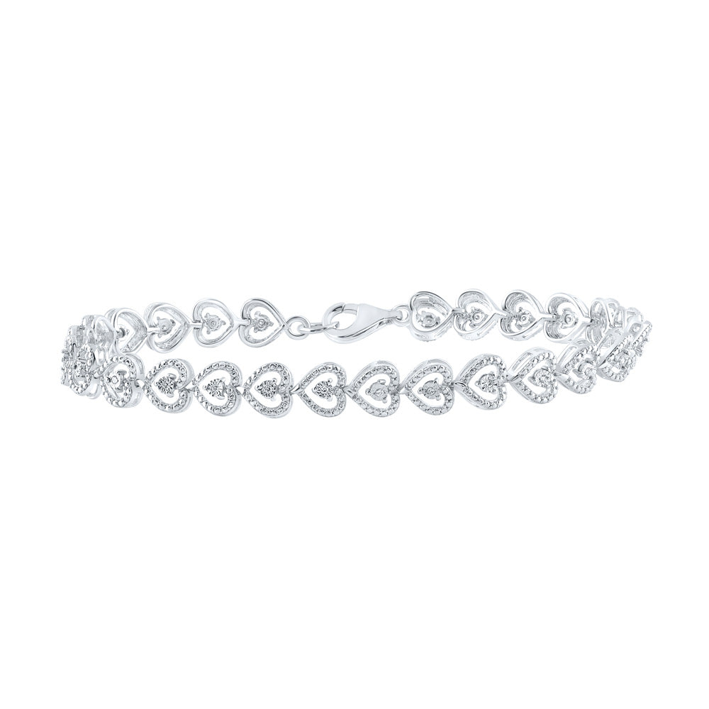 Sterling Silver Womens Round Diamond Heart Bracelet 1/10 Cttw