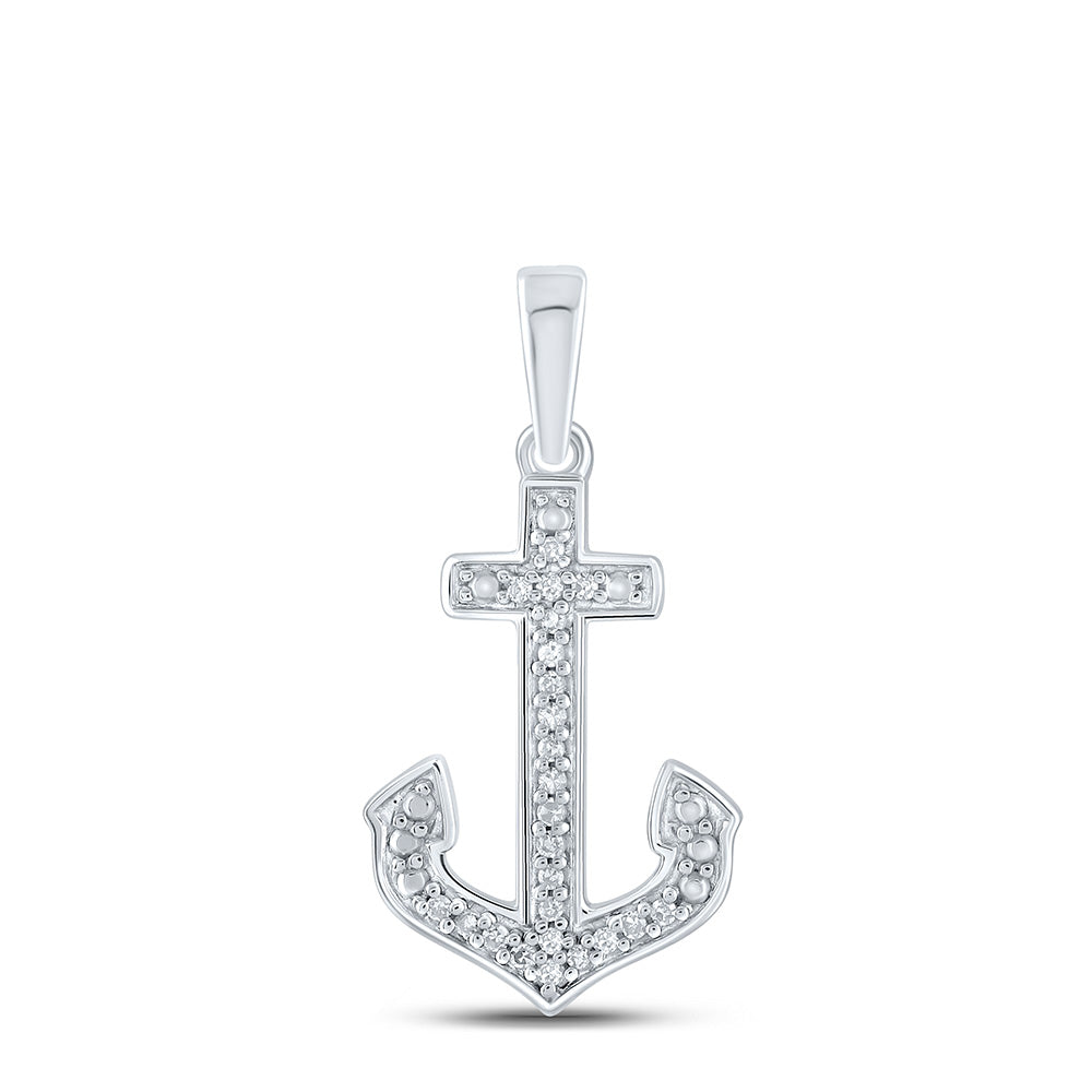 Sterling Silver Womens Round Diamond Anchor Nautical Pendant 1/12 Cttw