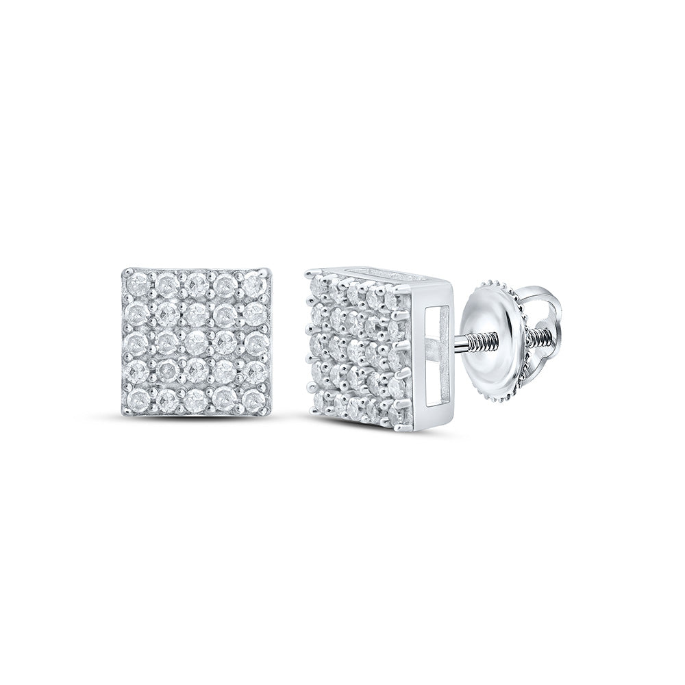 Sterling Silver Womens Round Diamond Square Earrings 1/3 Cttw