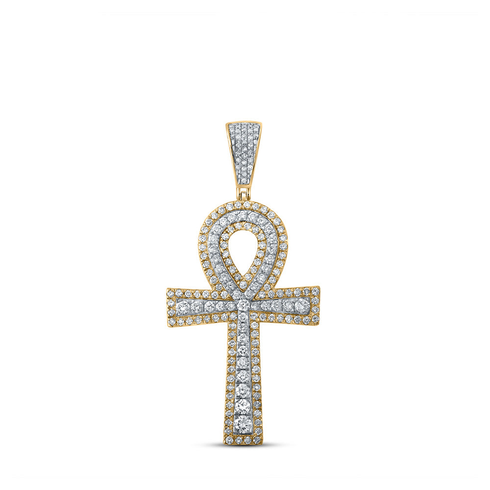 10kt Two-tone Gold Mens Round Diamond Ankh Cross Charm Pendant 2-1/4 Cttw