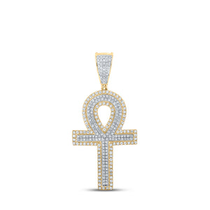 10kt Two-tone Gold Mens Round Diamond Ankh Cross Charm Pendant 7/8 Cttw