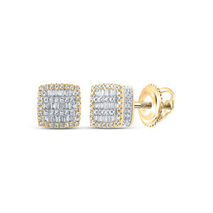 10kt Yellow Gold Mens Baguette Diamond Square Earrings 3/4 Cttw