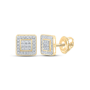 10kt Yellow Gold Mens Round Diamond Square Earrings 1/6 Cttw