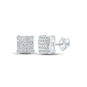 10kt White Gold Mens Round Diamond Square Earrings 1/8 Cttw