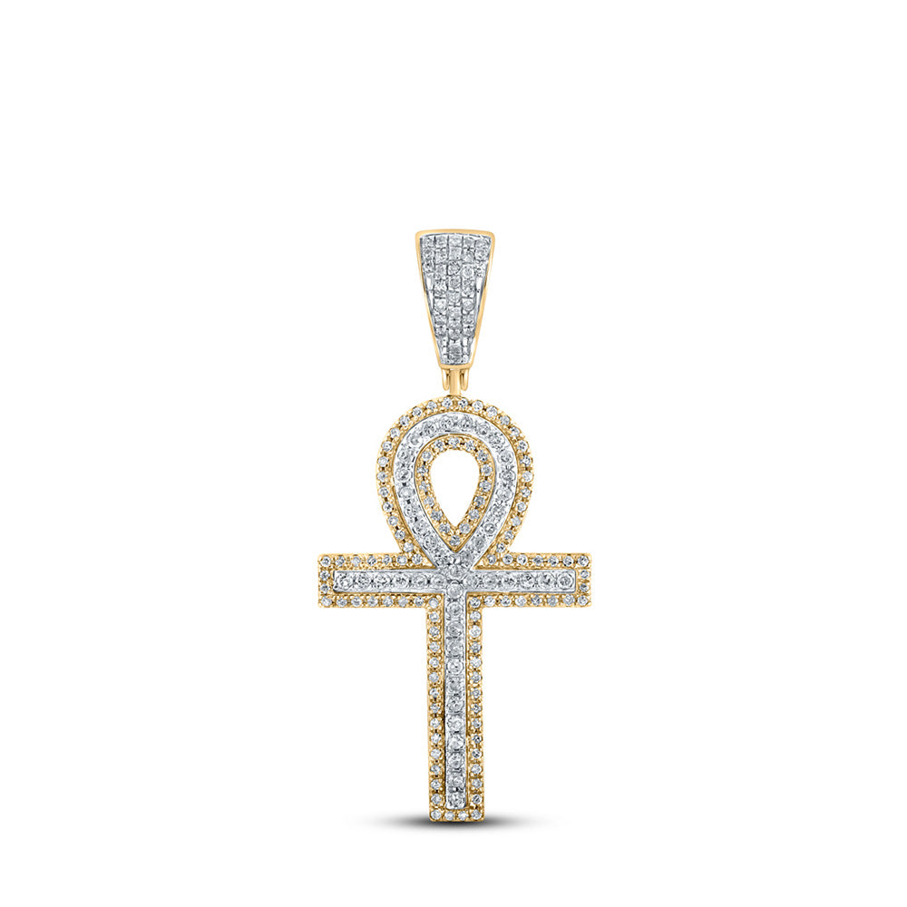 10kt Yellow Gold Mens Round Diamond Ankh Cross Charm Pendant 7/8 Cttw