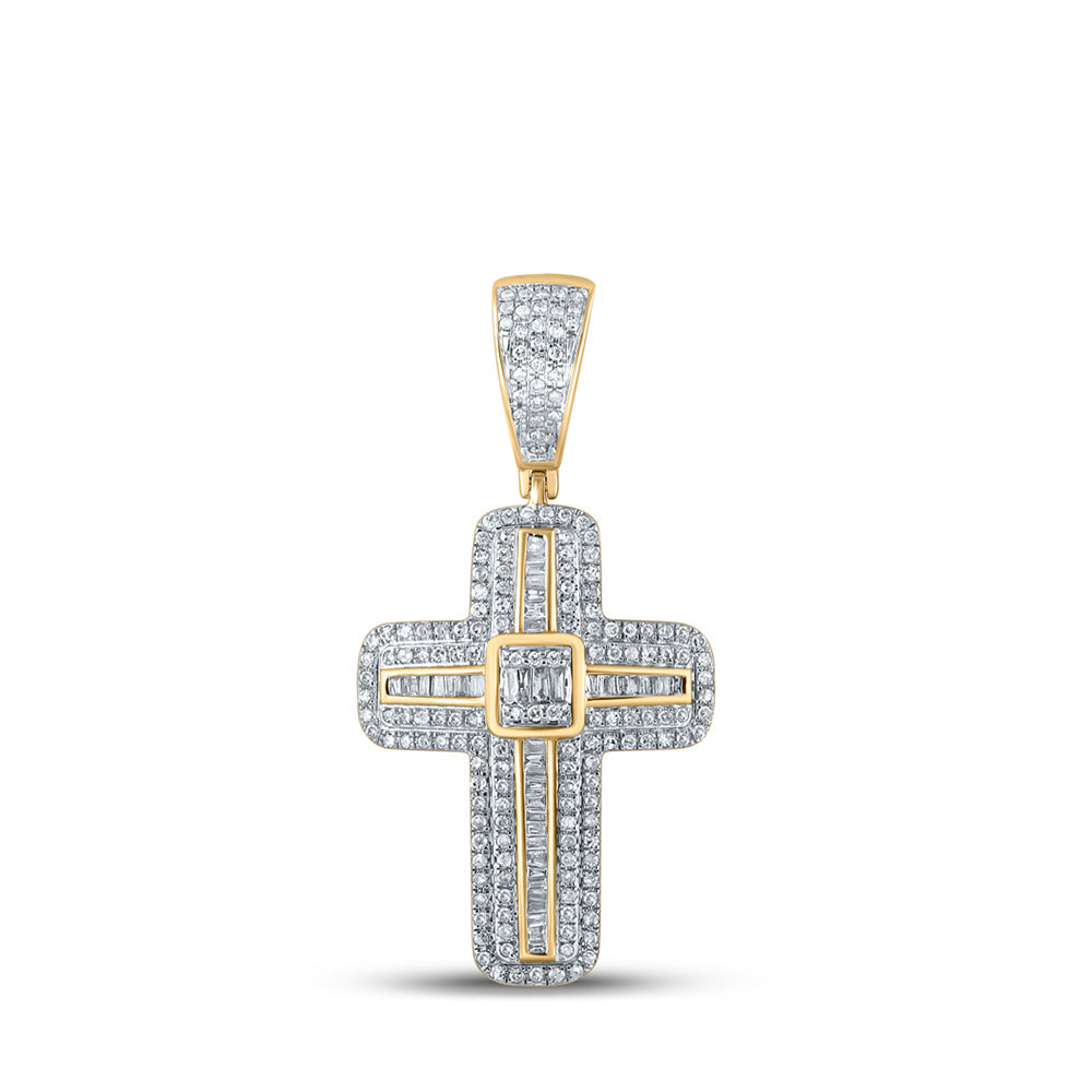 10kt Yellow Gold Mens Baguette Diamond Cross Charm Pendant 5/8 Cttw