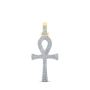 10kt Yellow Gold Mens Round Diamond Ankh Cross Charm Pendant 1/3 Cttw