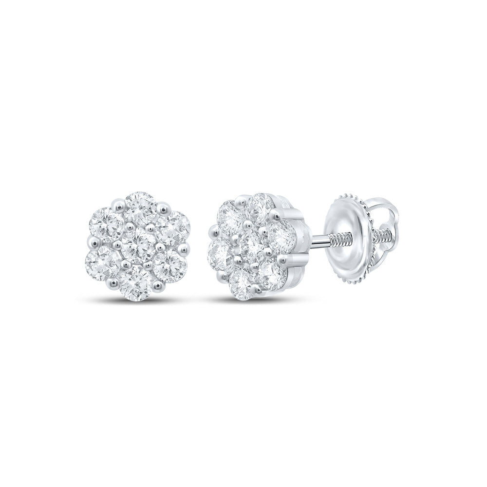 14kt White Gold Womens Round Diamond Flower Cluster Earrings 1-3/4 Cttw