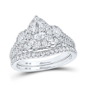 14kt White Gold Pear Diamond Halo Bridal Wedding Ring Band Set 1-1/2 Cttw