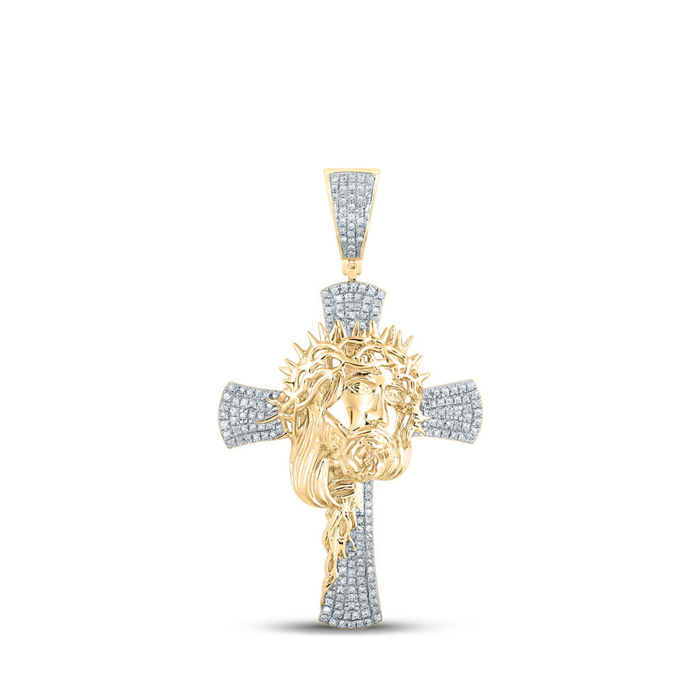 10kt Yellow Gold Mens Round Diamond Jesus Cross Charm Pendant 1/2 Cttw