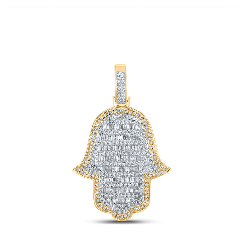 10kt Yellow Gold Mens Baguette Diamond Hamsa Charm Pendant 1-5/8 Cttw