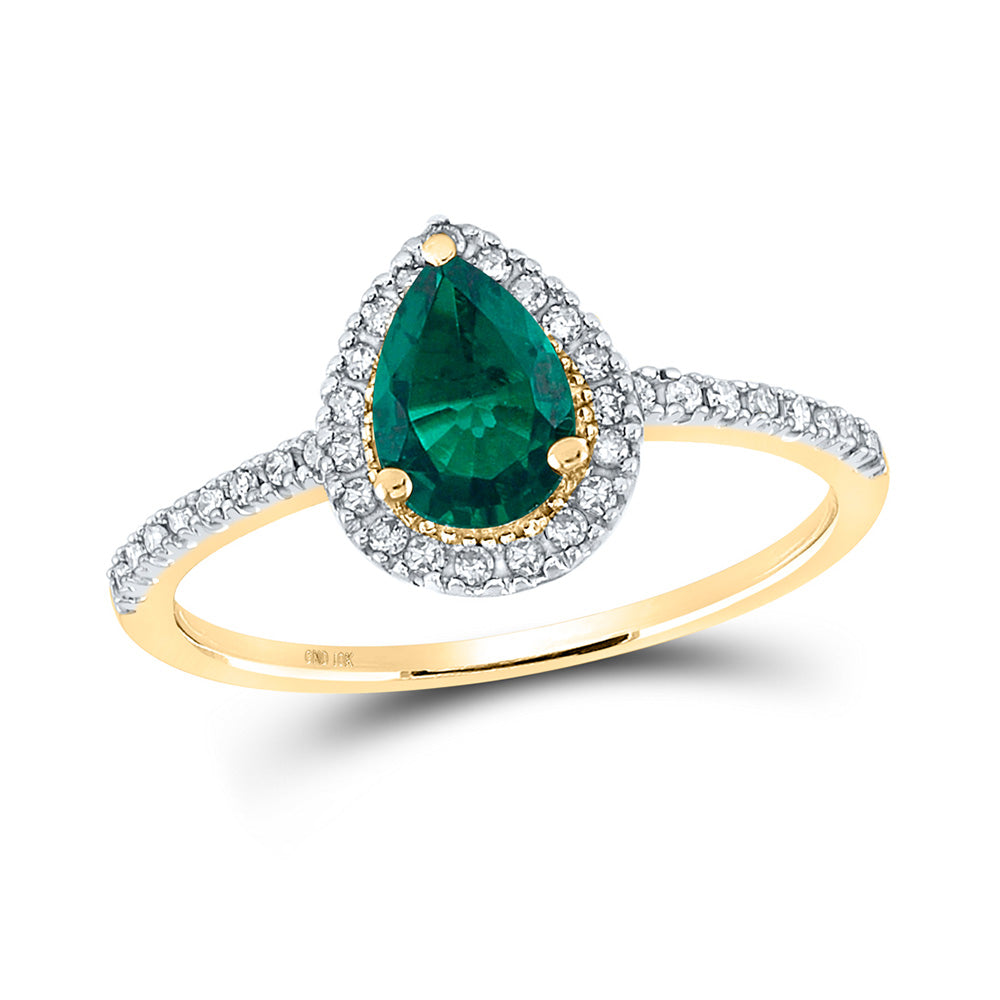 10kt Yellow Gold Womens Pear Lab-Created Emerald Solitaire Ring 7/8 Cttw