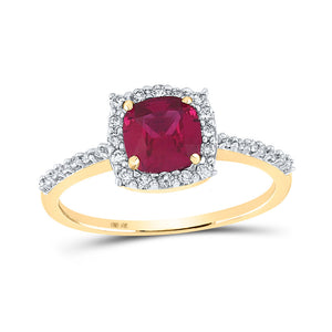 10kt Yellow Gold Womens Cushion Lab-Created Ruby Diamond Solitaire Ring 1-1/2 Cttw