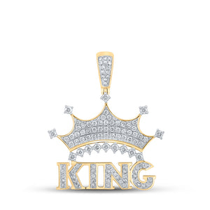 10kt Yellow Gold Mens Round Diamond King Crown Charm Pendant 7/8 Cttw