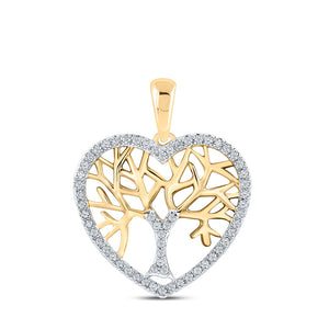 10kt Yellow Gold Womens Round Diamond Tree of Life Heart Pendant 1/4 Cttw