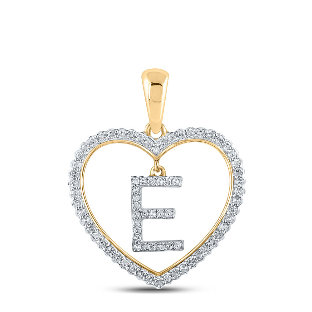 10kt Yellow Gold Womens Round Diamond Heart E Letter Pendant 1/4 Cttw