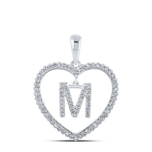 10kt White Gold Womens Round Diamond Heart M Letter Pendant 1/4 Cttw