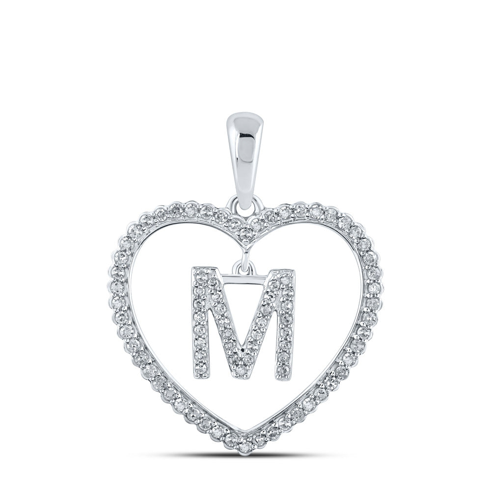 10kt White Gold Womens Round Diamond Heart M Letter Pendant 1/4 Cttw