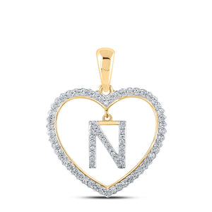 10kt Yellow Gold Womens Round Diamond Heart N Letter Pendant 1/4 Cttw