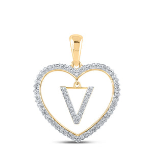 10kt Yellow Gold Womens Round Diamond Heart V Letter Pendant 1/4 Cttw