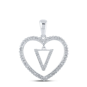 10kt White Gold Womens Round Diamond Heart V Letter Pendant 1/4 Cttw