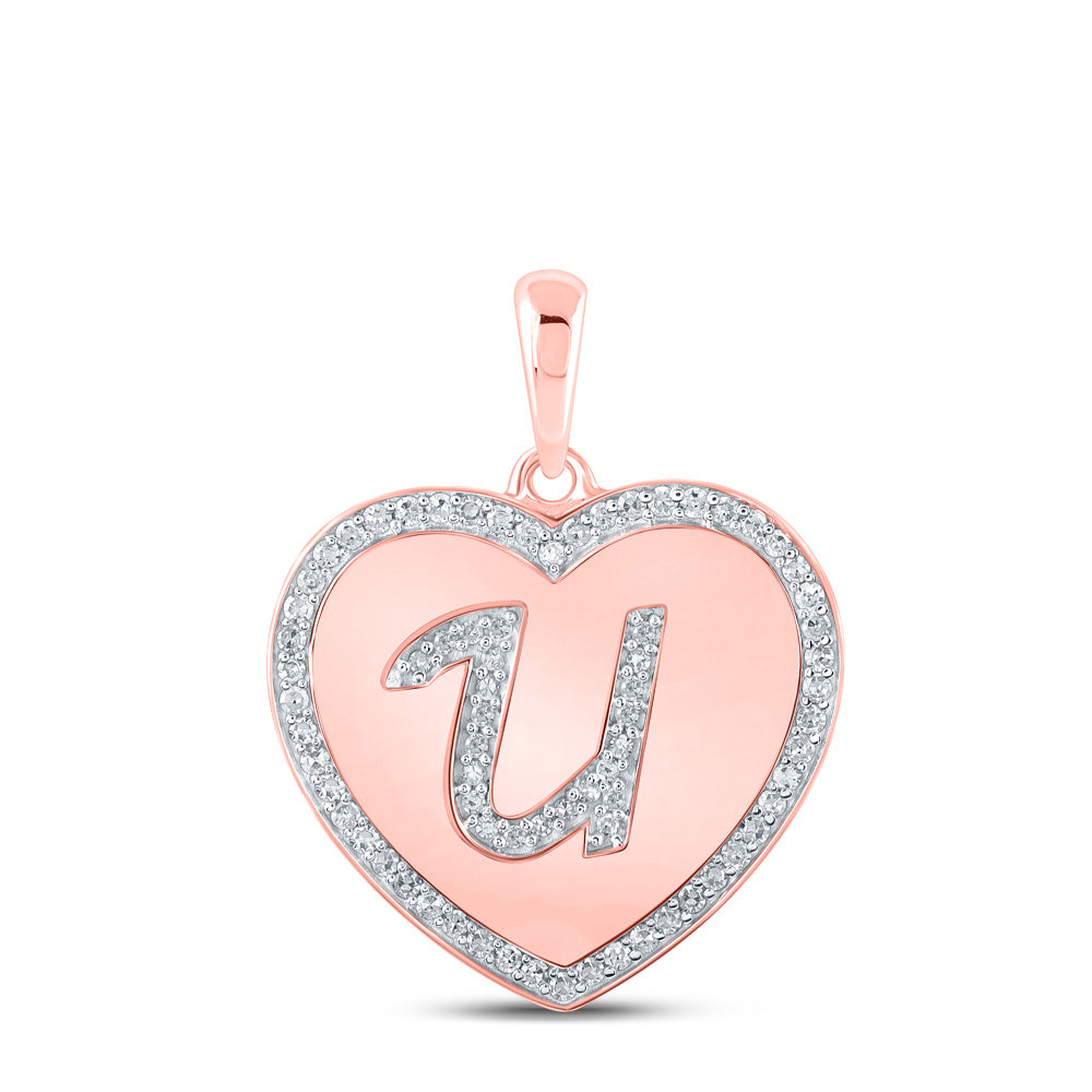 10kt Rose Gold Womens Round Diamond Heart U Letter Pendant 1/4 Cttw