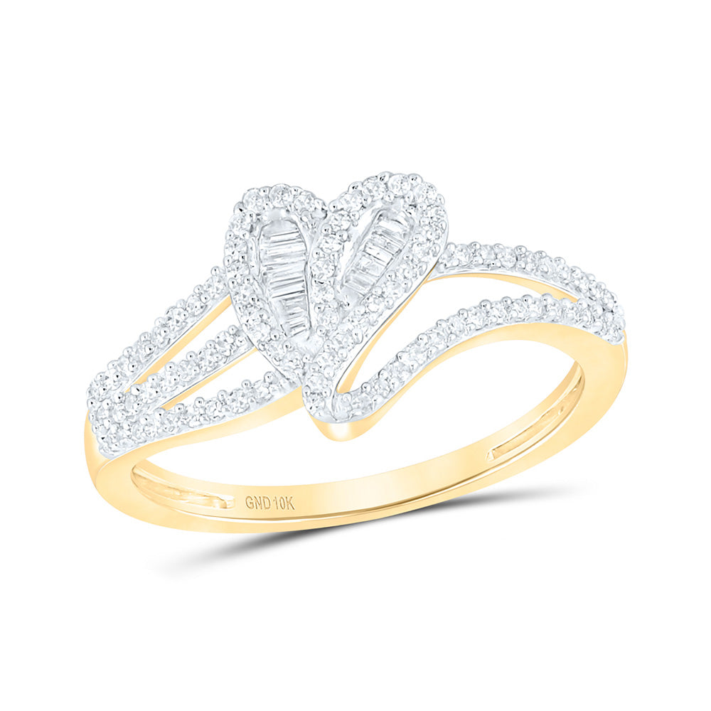 10kt Yellow Gold Womens Baguette Diamond Heart Ring 1/3 Cttw