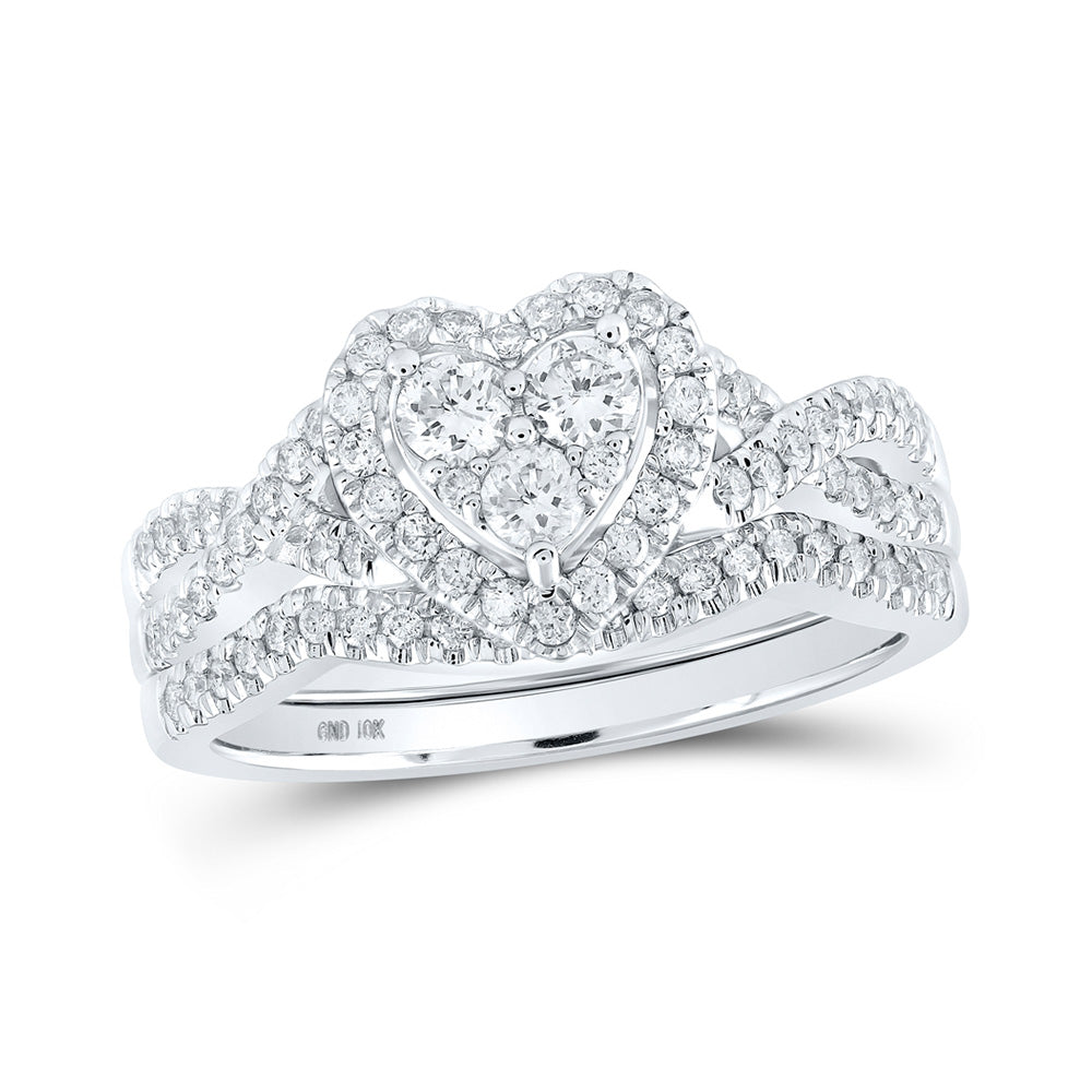 10kt White Gold Round Diamond Heart Bridal Wedding Ring Band Set 5/8 Cttw