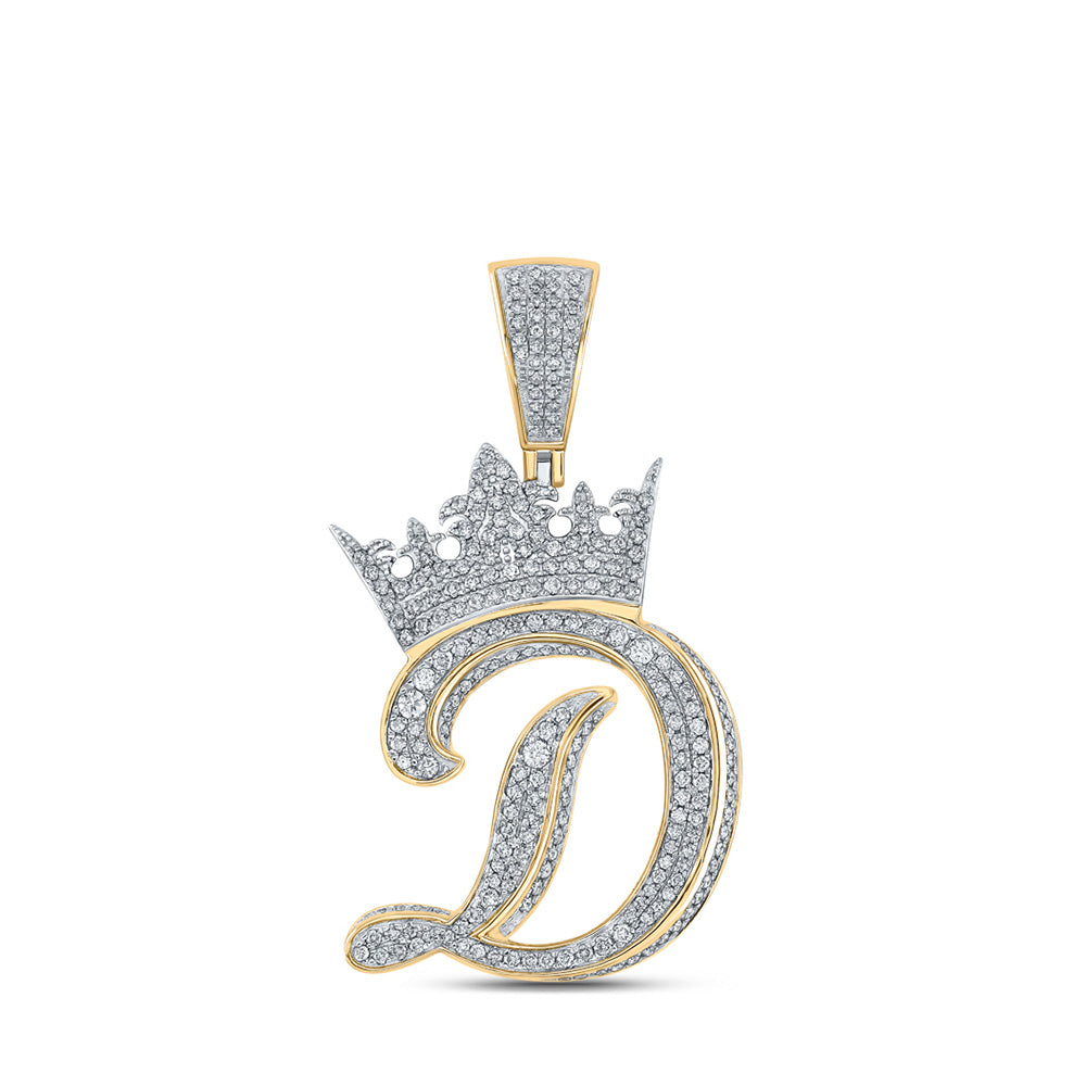 10kt Two-tone Gold Mens Round Diamond Crown D Letter Charm Pendant 1-5/8 Cttw