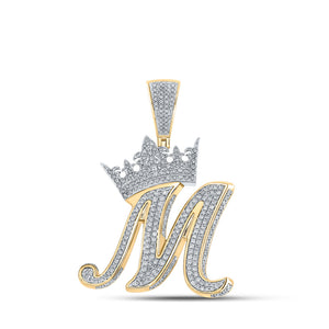 10kt Two-tone Gold Mens Round Diamond Crown M Letter Charm Pendant 1-3/4 Cttw