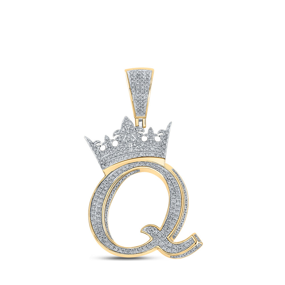 10kt Two-tone Gold Mens Round Diamond Q Crown Letter Charm Pendant 1-3/8 Cttw