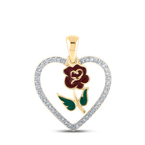 10kt Yellow Gold Womens Round Diamond Rose Heart Pendant 1/8 Cttw