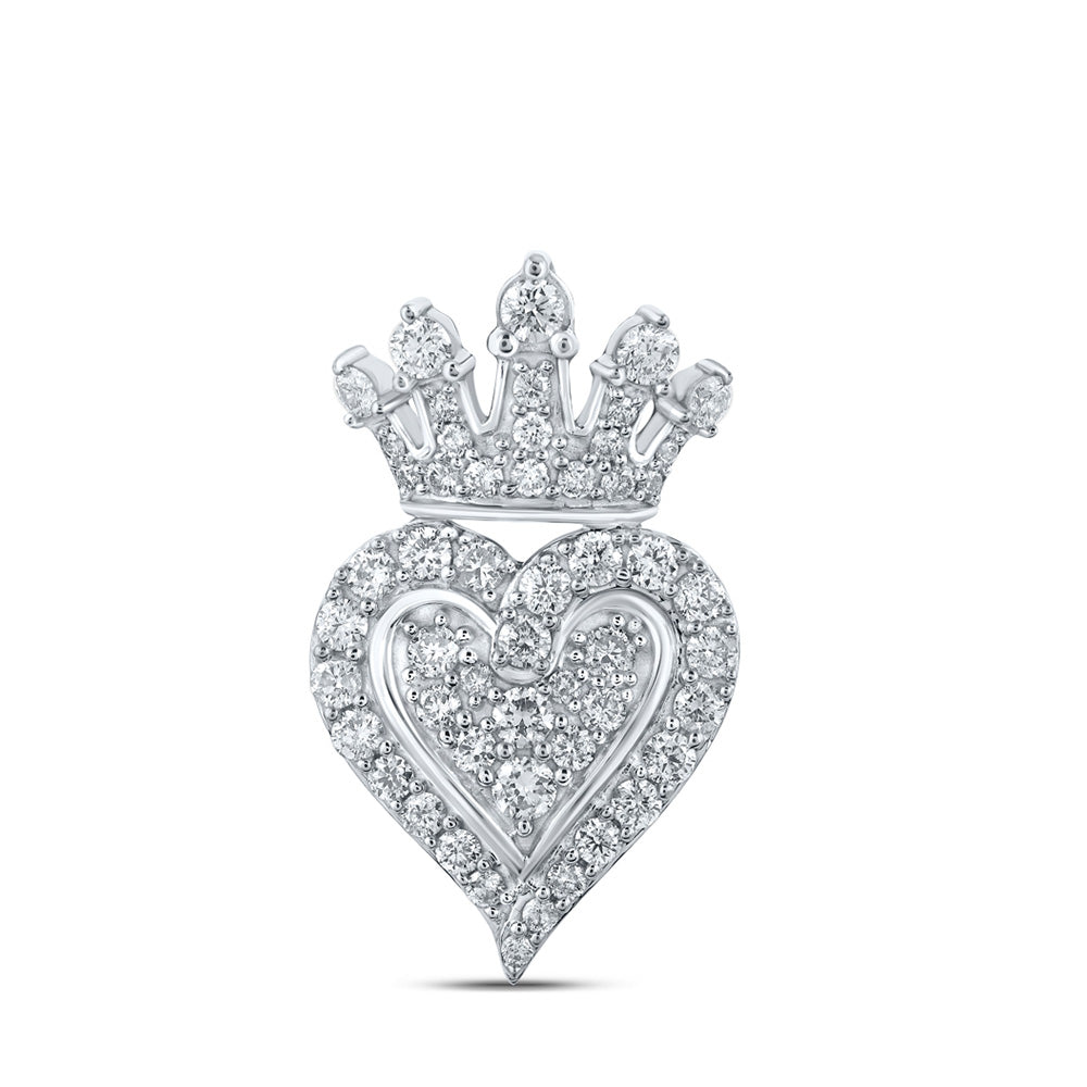 10kt White Gold Womens Round Diamond Crown Heart Pendant 3/4 Cttw