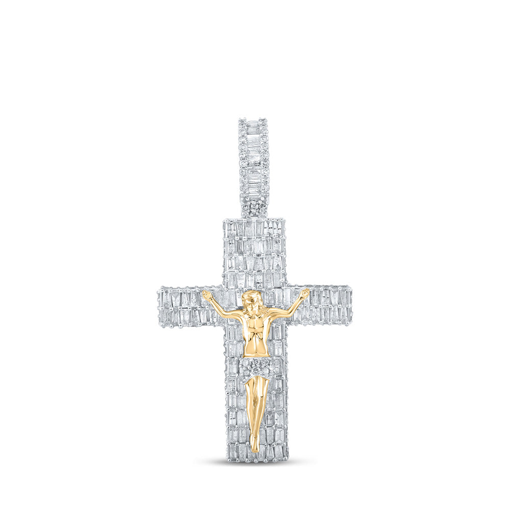 10kt Yellow Gold Mens Baguette Diamond Jesus Cross Charm Pendant 3-7/8 Cttw