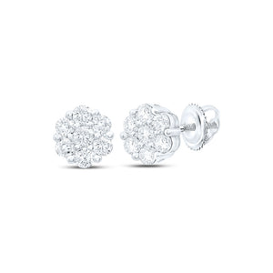 10kt White Gold Womens Round Diamond Flower Cluster Earrings 1 Cttw