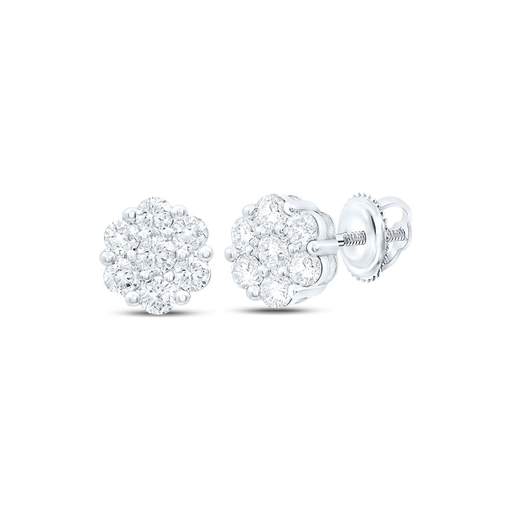 10kt White Gold Womens Round Diamond Flower Cluster Earrings 1 Cttw