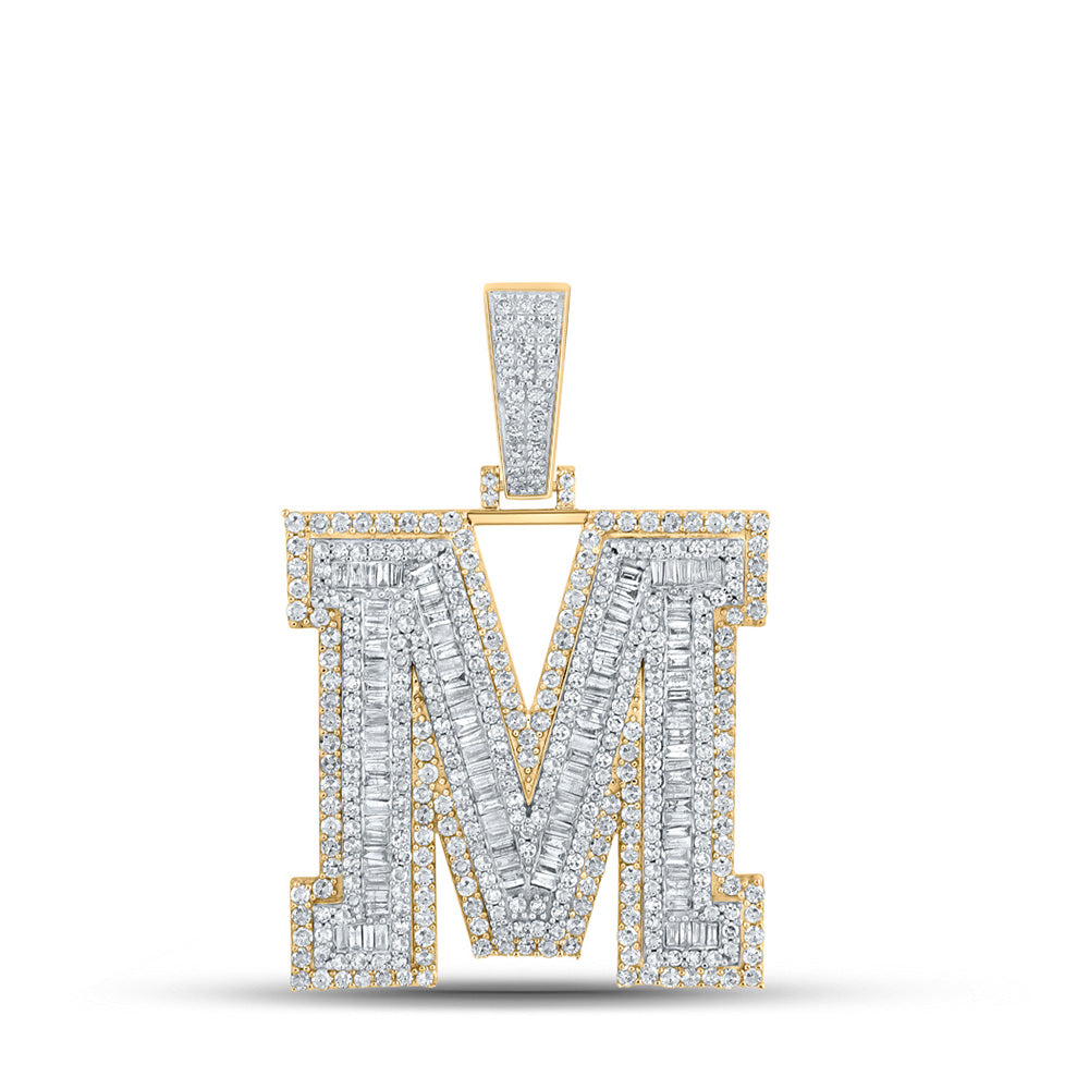 10kt Two-tone Gold Mens Baguette Diamond M Initial Letter Charm Pendant 2-7/8 Cttw