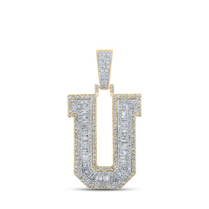 10kt Two-tone Gold Mens Baguette Diamond U Initial Letter Charm Pendant 1-7/8 Cttw