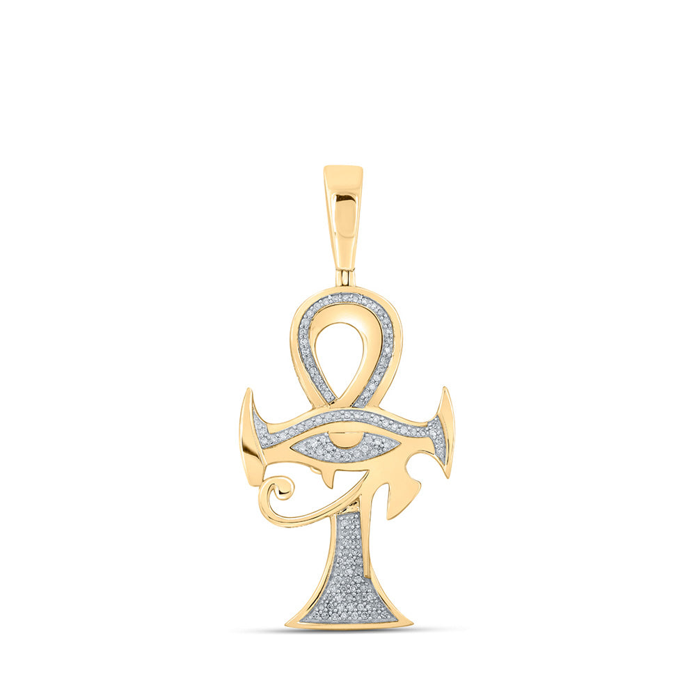 10kt Yellow Gold Mens Round Diamond Ankh Eye Cross Charm Pendant 1/3 Cttw