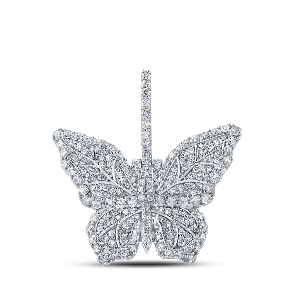 10kt White Gold Mens Round Diamond Butterfly Charm Pendant 1-1/2 Cttw