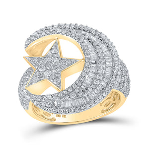 10kt Yellow Gold Mens Baguette Diamond Crescent Moon Star Ring 2-1/3 Cttw