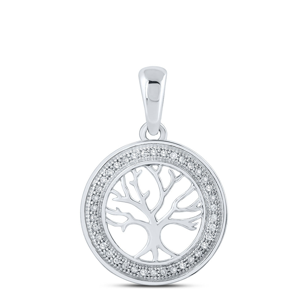 10kt White Gold Womens Round Diamond Tree of Life Circle Pendant 1/10 Cttw