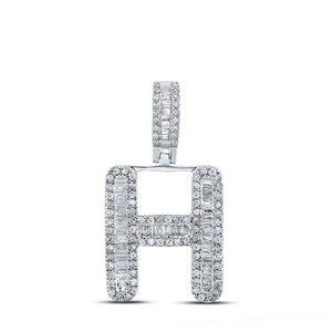 10kt White Gold Mens Baguette Diamond H Initial Letter Pendant 1/2 Cttw