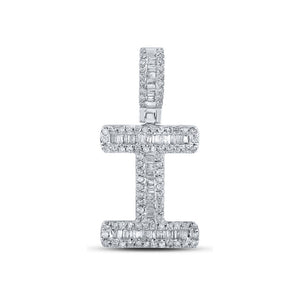 10kt White Gold Mens Baguette Diamond I Initial Letter Pendant 3/8 Cttw