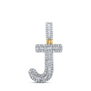 10kt Yellow Gold Mens Baguette Diamond J Initial Letter Pendant 3/8 Cttw