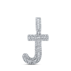 10kt White Gold Mens Baguette Diamond J Initial Letter Pendant 3/8 Cttw